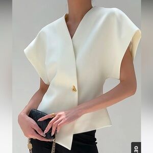 Commense Asymmetrical Trendy V-Neck Button Down Blouse